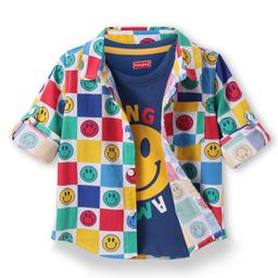 Babyhug Cotton Knit Full Sleeves Smiley Printed Shirt with T-Shirt - Navy Blue White & Yellow-image-69