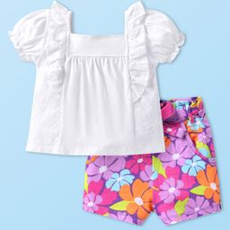 Babyhug Single Jersey Knit Half Sleeves Solid Colour Top & Shorts With Floral Print - White-image-80