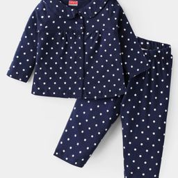 Babyhug Cotton Knit Full Sleeves Front Open Night Suit With PeterPan Collar & Polka Dots Print- Navy Blue-image-16