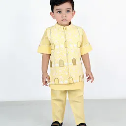 BAD BOYS Full Sleeves Floral Printed Kurta Pyjama With Jacket - Yellow-picture-42