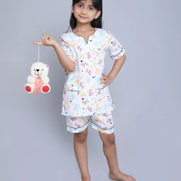 Little Clothing Cotton Woven Half Sleeves Animal Printed Coordinating Shirt With Shorts - Pink-picture-42