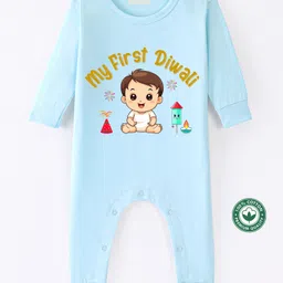 BLUSHES Diwali Theme 100% Cotton Full Sleeves My First Diwali Text Printed Romper - Powder Blue-picture-6