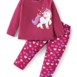 Babyhug Cotton Knit Full Sleeves Night Suit with Unicorn & Heart Print - Dark Pink-image-40
