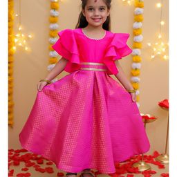BownBee Jacquard Half Bell Sleeves Floral Foil Printed & Lace Embellished Ethnic Gown - Pink-image-26