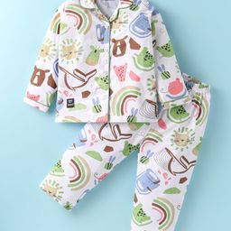 Enfance Core Cotton Woven Full Sleeves Animal Printed Coordinating Night Suit Set - Green-image-85