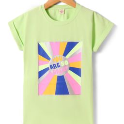 Olio Kids Cotton Knit Half Sleeves T-Shirt with Foil Text Print - Sea Green-image-86
