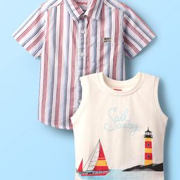 Babyhug 100% Cotton Half Sleeves Striped Shirt With Sleeveless Nautical Theme Printed T-Shirt - Red Blue & White-image-104