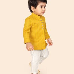 ETHNIKS NEURON Full Sleeves Foil Striped Kurta Pant Set - Yellow-image-0