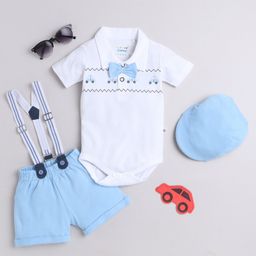 BUMZEE Cotton Woven Half Sleeves Car Printed Onesie With Shorts Cap & Suspender - Sky Blue & White-image-11