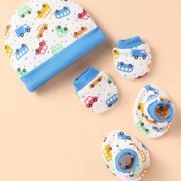 Ben Benny 100% Cotton Knit Cap Mittens & Booties Set With Car Print Blue - Diameter 9 cm-image-124