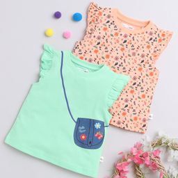 BUMZEE Cotton Knit Frill Sleeves Tops with Butterfly & Floral Print Pack Of 2- Green & Peach-image-29