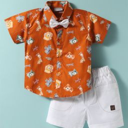 Dapper Dudes Half Sleeves Animals Printed Shirt With Bow & Shorts - Brown-image-40