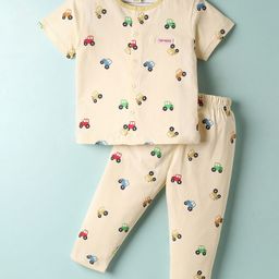ToffyHouse Knitted Half Sleeves Co-ords Night Suit with Tractor Print - Cream-picture-33