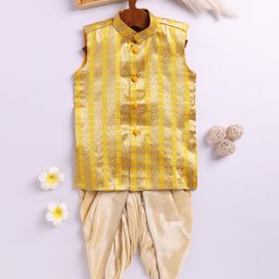JBN Creation Silk Blend Sleeveless Ethnic Motif Foil Printed Kurta Dhoti Set - Yellow-image-45