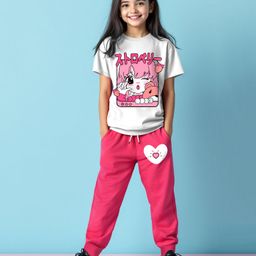 Trampoline Cotton Blend Half Sleeves Girl Printed Tee & Track Pants Set - White & Pink-picture-20