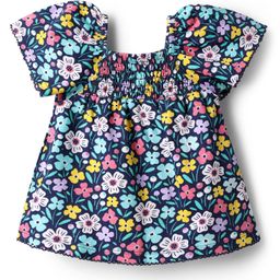 Babyhug 100 % Cotton Knit Puffed Sleeves Top with Smock Detailing & Floral Print - Navy Blue-image-72