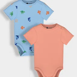 Orange Sugar 100% Cotton Knit Pack Of 2 Half Sleeves Solid & Sea Life Printed Onesies - Sky Bl;ue & Orange-image-27