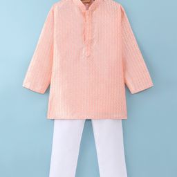 Ridokidz Full Sleeves Ethnic Motif Embroidered Kurta & Pyjama Set - Light Peach-image-56