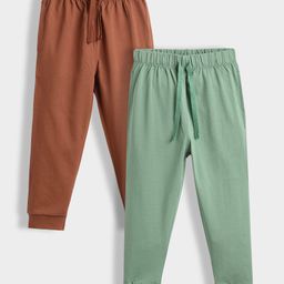 Orange Sugar 100% Cotton Knit Pack Of 2 Solid Joggers - Brown & Green-image-34