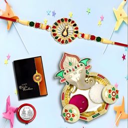 Rakhi Combo for Brother with Dish, Pooja Coin, Roli Chawal & Greeting Card-14