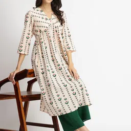 Pink Fort Women Off-White & Green Cotton Floral Motif Kurta Set-picture-41