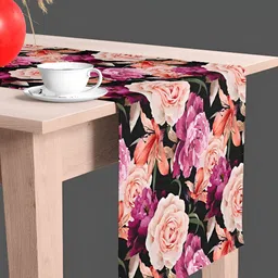 ArtzFolio Black & Pink Floral Print Velvet Dining Table Runner-18