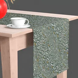 ArtzFolio White & Green Leaf Printed Velvet Table Runner-5