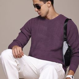 Roadster The Life Co. Drop-Shoulder Sleeves Textured Pullover-picture-5