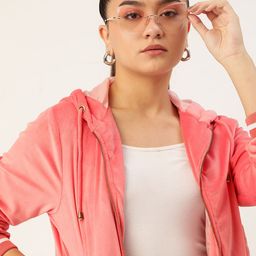 DressBerry Women Pink Velvet Finish Hooded Bomber Jacket-image-60