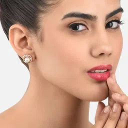 Zaveri Pearls Rose Gold Cubic Zirconia & Pearl Contemporary Brass Stud Earrings-ZPFK10093 image 4
