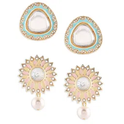 Zaveri Pearls Set of 2 Multicolor Enamel Austrian Diamonds Contemporary Studs Earrings-ZPFK16837 image 4