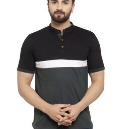 Kalt Men Half Sleeves Mandarin Collar Cotton Blend Stripe T-shirt-image-96