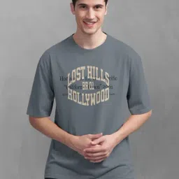 Bullmer Grey Cotton Oversized Fit Printed T-Shirt-image-65
