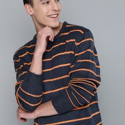 Mast & Harbour Men Navy Blue & Orange Striped Sweater-image-49