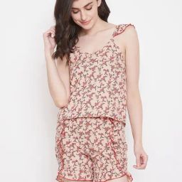 Clovia Pink & Beige Floral Print Cami Top & Shorts Set-image-44