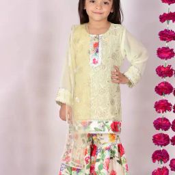 Little Bansi Kids Pista Green & Yellow Embroidered Kurta, Sharara with Dupatta-image-71