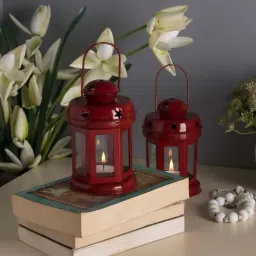 Homesake 'Diwali' Red & Transparent Metal Hanging Candle Holder - Set of 2-10