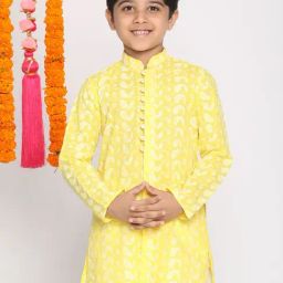 VASTRAMAY Kids Mustard Cotton Embroidered Kurta-image-66