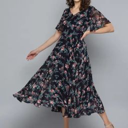 Rare Navy Floral Print A-Line Dress-image-72
