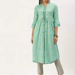SHOWOFF Teal Cotton Ethnic Motifs Calf Length A Line Kurta-image-71