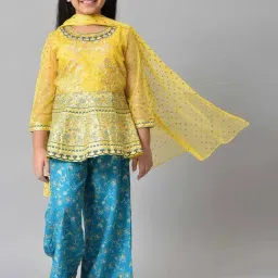 Aurelia Kids Yellow & Blue Floral Print Top, Plazzos with Dupatta-image-94
