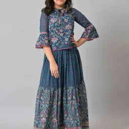 Aurelia Kids Dark Blue Floral Print Top with Skirt-picture-20