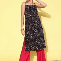 Varanga Black Floral Print Straight Kurta-image-1