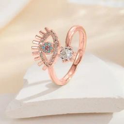 Oomph Rose Gold Tone Cubic Zirconia Evil Eye Adjustable Casual Ring-image-38