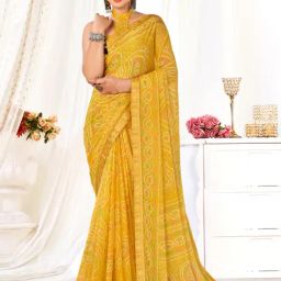 Saree Mall Yellow Bandhani Print Saree With Unstitched Blouse-picture-13