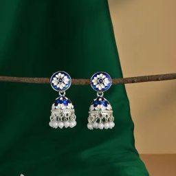 Fida Navy Blue and Silver Plated Pearl Meenakari Jhumki Earrings for Women-image-2