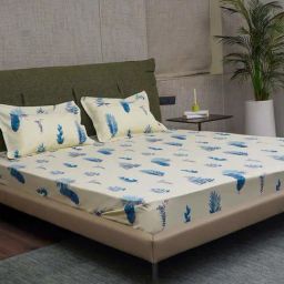 Urban Space Blue & White Cotton 200 TC Fall Leaves Single Bedsheet with 1 Pillow Cover-image-68