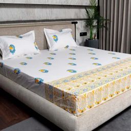 Urban Space Yellow & White Cotton 200 TC Ethnic Motif Single Bedsheet with 1 Pillow Cover-image-89