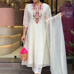 Divyadham Textiles Yoke Design Chanderi Cotton Straight Kurta With Trousers & Dupatta-30