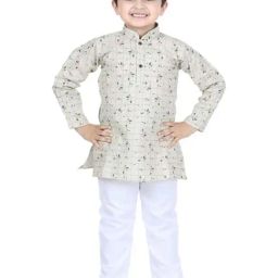 AJ Dezines Kids Beige & White Cotton Printed Full Sleeves Kurta Set-image-10